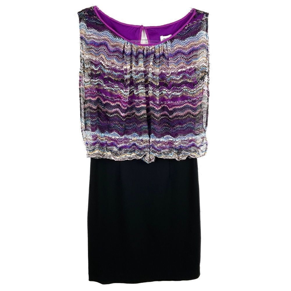 4/$16 Cache Black Multi Color Patterned Mesh Layered Sleeveless Blouson Dress 0